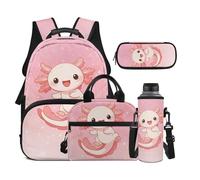 Dolyues Set 4 in 1 zaino e portapranzo per ragazze con custodia per bottiglia d'acqua di terza elementare, per bambini dagli 8 ai 10 anni, Carino Axolotl Rosa, Zaino daypack