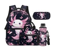 Dolyues Set 4 in 1 zaino e portapranzo per ragazze con custodia per bottiglia d'acqua di terza elementare, per bambini dagli 8 ai 10 anni, Axolotl Rosa Nero, Zaino daypack