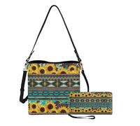 Dolyues Set di 2 borse a secchiello + portafoglio da donna in pelle, borsa a tracolla lunga con cintura, borse impermeabili, Girasole azteco