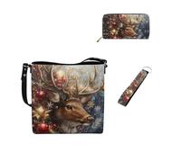 Dolyues Set di 3 borse a secchiello da donna, portafogli e portachiavi, in pelle, con portachiavi, regalo da donna, Renna di Natale.