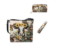 Dolyues Set di 3 borse a secchiello da donna, portafogli e portachiavi, in pelle, con portachiavi, regalo da donna, Girasole Mucca