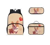 Dolyues Set di 3 zaini per bambini con borsa per il pranzo e custodia per penne da 17 pollici borsa universitaria, Corgi