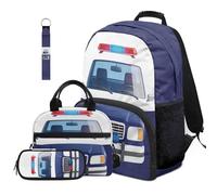 Dolyues Set di 4 zaini con bandiera americana di cervo per ragazzi con portapranzo di 4a elementare, zaini per il rientro a scuola età 8-10 anni, Auto della polizia, Zaino daypack