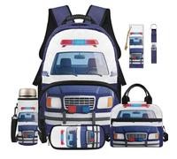 Dolyues Set di 6 zaini per il pranzo, per ragazzi e scuole elementari, età 8-10 anni, per il rientro a scuola, con portachiavi, Auto della polizia blu, Zaino daypack