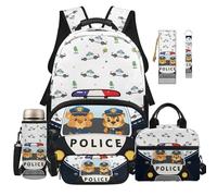 Dolyues Set di 6 zaini per il pranzo, per ragazzi e scuole elementari, età 8-10 anni, per il rientro a scuola, con portachiavi, Auto della polizia, Zaino daypack
