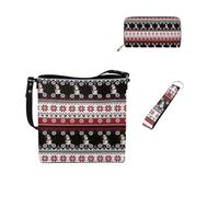 Dolyues Wokr Tarvel - Set di borse a secchiello 3 in 1, portafoglio in pelle a tracolla e portachiavi, da donna, Strisce natalizie