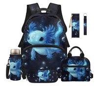 Dolyues Zaino 6 in 1 per il pranzo combinato per ragazzi zaini per la scuola elementare età 8-10 borse per il rientro a scuola per bambini di quinta elementare, Axolotl Blu, Zaino daypack