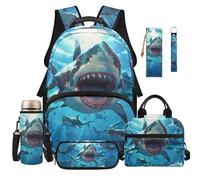 Dolyues Zaino 6 in 1 per il pranzo combinato per ragazzi zaini per la scuola elementare età 8-10 borse per il rientro a scuola per bambini di quinta elementare, Squalo, Zaino daypack