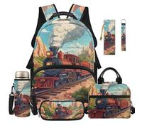 Dolyues Zaino 6 in 1 per il pranzo combinato per ragazzi zaini per la scuola elementare età 8-10 borse per il rientro a scuola per bambini di quinta elementare, Treno, Zaino daypack