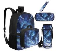 Dolyues Zaino da 5 pezzi con borsa per il pranzo attaccata trattore Bookbag per ragazzi con custodia per bottiglia d'acqua portachiavi di terzo grado, Drago blu., Zaino daypack