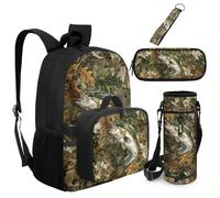 Dolyues Zaino da 5 pezzi con borsa per il pranzo attaccata trattore Bookbag per ragazzi con custodia per bottiglia d'acqua portachiavi di terzo grado, Camo Pesce, Zaino daypack