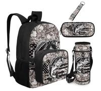 Dolyues Zaino da 5 pezzi con borsa per il pranzo attaccata trattore Bookbag per ragazzi con custodia per bottiglia d'acqua portachiavi di terzo grado, Pesce Camo Bandiera Americana, Zaino daypack