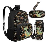 Dolyues Zaino da 5 pezzi con borsa per il pranzo attaccata trattore Bookbag per ragazzi con custodia per bottiglia d'acqua portachiavi di terzo grado, Stampa Dinosauri, Zaino daypack