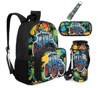 Dolyues Zaino da 5 pezzi con borsa per il pranzo attaccata trattore Bookbag per ragazzi con custodia per bottiglia d'acqua portachiavi di terzo grado, Trattore, Zaino daypack