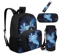 Dolyues Zaino da 5 pezzi con borsa per il pranzo attaccata trattore Bookbag per ragazzi con custodia per bottiglia d'acqua portachiavi di terzo grado, Modello Axolotl Blu, Zaino daypack