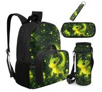 Dolyues Zaino da 5 pezzi con portapranzo allegato di 5° grado borse per libri per ragazzi età 8-10 Bookbag con portachiavi, Axolotl Verde, Zaino daypack