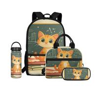 Dolyues Zaino per la scuola ragazze ragazzi 4-6 6-8 8-10 10-12 10-14 14-16 anni witn Lunchbox Pencil Bag Bottiglia d'acqua 4 pezzi, Prenota Cat, Water Bottle-20oz