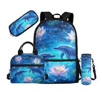 Dolyues Zaino per ragazze 4-6 6-8 8-12 12-14 borse leggere per la scuola prescolare media 4 in 1, Blu delfino