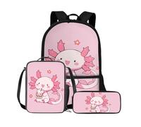 Dolyues Zaino per ragazze con portapranzo e astuccio, set da 3 pezzi, zaino per la scuola per ragazze 4-6 7-14 anni, Axolotl Rosa