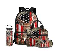 Dolyues Zaino per ragazzi 4-6 6-8 8-10 10-12 12-14 con portapranzo astuccio e borraccia termica per la scuola, Cervo con bandiera americana, Water Bottle-18oz