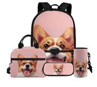 Dolyues Zaino per ragazzi e ragazze 4-6 6-8 8-12 12-14 borse leggere per scuola prescolare media 4 in 1, Corgi carino.