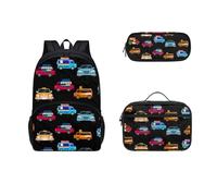 Dolyues Zaino scolastico per bambini, set con portapranzo, borsa per pasto e astuccio, set da 3 pezzi, Macchina-2