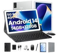 DOMATON Tablet con tastiera, tablet Android 2025 da 14 GB+128 GB+1 TB, tablet Octa-Core 2 in 1 da 10,1 pollici con schermo incorporato, WiFi 5G e 4G LTE, 7000 mAh, Face Unlock, mouse, custodia
