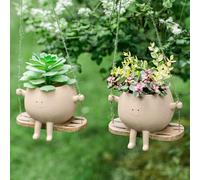 Domensi 2 fioriere da appendere all'altalena per piante da esterno, per interni, testa da appendere, vasi per piante grasse per stringhe in resina, graziosi vasi da fiori per interni, con foro di