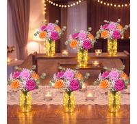 Domensi Set di 6 centrotavola floreali illuminati a LED, rose finte, eucalipto e respiro del bambino, in vaso acrilico, decorazione rustica per matrimoni e tavolo da pranzo (rosa, rosa, arancione)