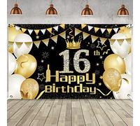 DOMINICK Decorazione per Il 16 ° Compleanno in Oro Nero,Tessuto Striscione per 16 Anni Compleanno Sfondo Addobbi,16th Birthday Door Sign Banner Decoration for Teenager 16 Years Old Birthday Supplies