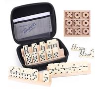 Domino e Tic Tac Toe, set da gioco con 28 tessere e 4 scaffali in legno, giochi da tavolo classici in legno, gioco da tavolo da viaggio portatile con custodia per il trasporto