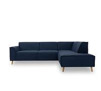 DOMO. collection Divano angolare Jules FK, divano scandinavo con anima in piuma, divano con piedini in legno, 263 x 191 x 81 cm (larghezza x profondità x altezza), pouf a destra, blu scuro
