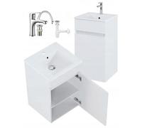 DomoDomo - Armadietto da bagno sospeso 45 cm, bianco con lavabo e rubinetto - Piccolo mobile da bagno sottile con spazio - Armadio da bagno moderno con porta e ripiani - Set di mobili da bagno per