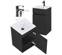 DomoDomo Armadietto da bagno sospeso con lavabo da 45 cm - Armadietto da bagno sottile moderno con spazio - Bagno pensile piccolo con porta - Mensola da bagno sospesa nero con batteria e sifone