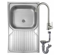 DomoDomo - Lavandino da cucina 80 x 60 cm in acciaio inox con scolapiatti - Lavello con rubinetto completo di rubinetto - Lavello con rubinetto e sifone - Lavandino sospeso in acciaio inox per 80 cm