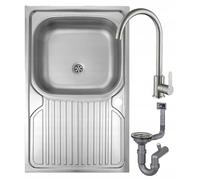 DomoDomo Lavello a 1 camera, lavello da incasso in acciaio 80 x 50 cm + foro per lavabo + rubinetto lavabo + sifone