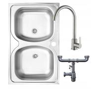 DomoDomo - Lavello cucina 2 vasche acciaio inox 80x50 moderno - cucina lavello completo con sifone e rubinetto - lavello cucina in acciaio inox sovrapposto al mobile