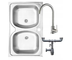 DomoDomo - Lavello cucina 2 vasche acciaio inox 80x50 moderno - cucina lavello completo con sifone e rubinetto - lavello cucina in acciaio inox sovrapposto al mobile