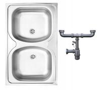 DomoDomo - Lavello Cucina 80x50 cm in Acciaio Inox a 2 Vasche, Senza Gocciolatoio, Da Appoggio per Mobile 80 cm, con Sifone, Finitura Satinata