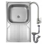 DomoDomo - Lavello Cucina in Acciaio Inox 80x50 cm con Gocciolatoio - Set Lavello con Miscelatore e Sifone - Lavello da Incasso 1 Vasca per Cucina, Acciaio Satinato