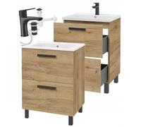 DomoDomo - Mobile sottolavabo 60 cm con lavabo e cassetti - Set di mobili da bagno in piedi o sospeso, mobiletto da bagno, effetto legno di quercia oro, con rubinetto, sifone e clack