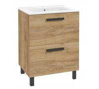 DomoDomo - Mobile sottolavabo 60 cm rovere con lavabo in ceramica - Set di mobili da bagno con 2 cassetti Soft Close - Mobile lavabo in piedi o a parete - Mobiletto da bagno effetto legno