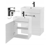 DomoDomo Mobile sottolavabo sospeso, 60 x 50 cm, bianco lucido, con lavabo e rubinetto, armadio da bagno montato, profondità 30 cm, chiusura morbida, set completo con sifone e click-coat
