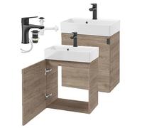 DomoDomo Mobile sottolavabo sospeso, 60 x 50 cm, con lavabo e rubinetto, in quercia, 30 cm di profondità, chiusura morbida, set completo con sifone e click