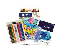 Doms Set Water Colour Pastelli Acquerello 12 Matite Colorate Acquerellabili 3.3 mm con Pennello ad Acqua, Album Canson Montval A5 5 Fogli e Temperamatite (Astuccio 12 Pastelli Multicolore)