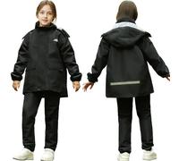 Domueay Tuta Impermeabile Bambini, Leggero Antipioggia Giacca con Cappuccio e Pantaloni Set, Unisex Ragazze Ragazzi Impermeabili Completo Sportivo All'aperto Abbigliamento per 11-12 anni, Nero