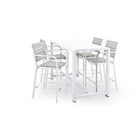Domus Stile Modigliani 4 Alti con Bracciolo, Alluminio e Legno Sintetico, Bianco, Set Tavolo Alto + Sgabelli, 5 unità