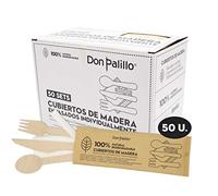 DON PALILLO - 50 Set di posate in legno usa e getta confezionati in carta Kraft. Ogni set contiene 1 forchetta + 1 coltello + 1 cucchiaio + 1 tovagliolo di carta + 1 confezione di stuzzicadenti. Ind
