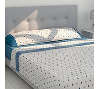 Don Riposo - Set di lenzuola e federe per cuscino, mod. Nalui, lenzuolo con angoli regolabili, lenzuolo sopra e federe in ALM. per letto da 180 cm (varie dimensioni e colori) stampa a pois blu