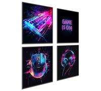 Donari Set di 4 poster da gaming, decorazione per sala da gioco, decorazione da parete per camera da letto, effetto LED, set A4, con o senza cornice (motivo 3, 21 x 30 cm, senza cornice)